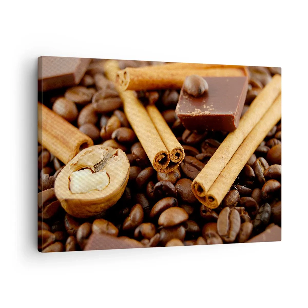 Bild auf Leinwand - Leinwandbild - Kaffeebohnen mit Zimtstangen, Schokolade und Walnuss. - 70x50cm - Konzert der Aromen - Moderne Wanddekoration für Wohnzimmer und Schlafzimmer ARTTOR