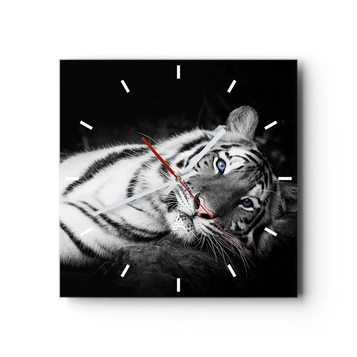 Wanduhr - Glasuhr - Ein künstlerisch gestalteter weißer Tiger vor schwarzem Hintergrund - 30x30cm - Wildnis und Frieden - Moderne Wanddekoration für Wohnzimmer und Schlafzimmer ARTTOR