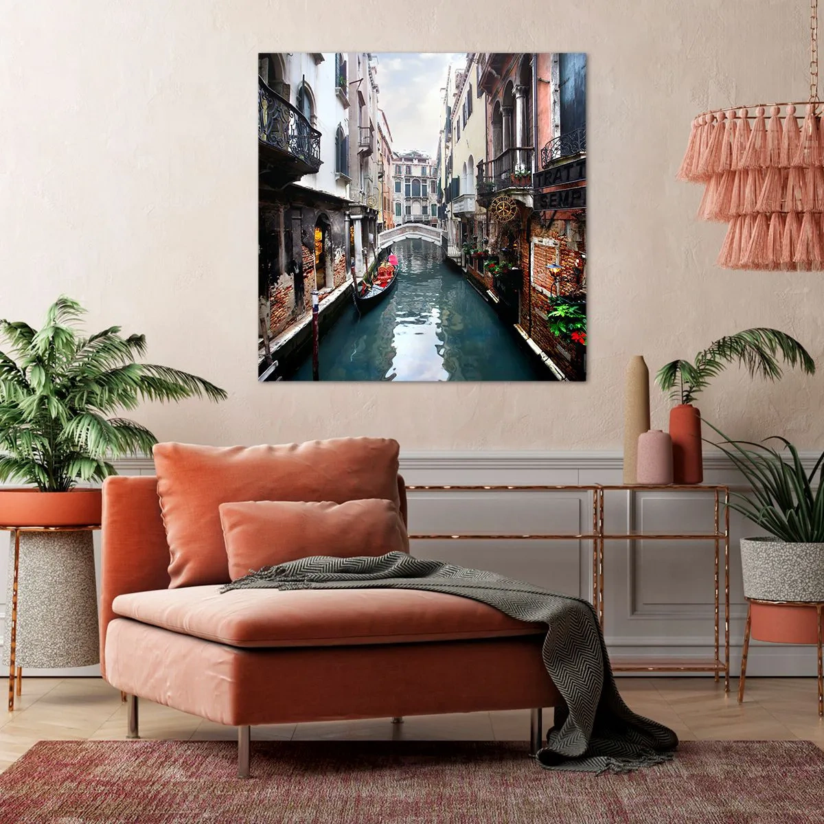 Bild auf Leinwand - Leinwandbild - Venezianische Landschaft mit Gondel und Brücke - 70x70 cm
