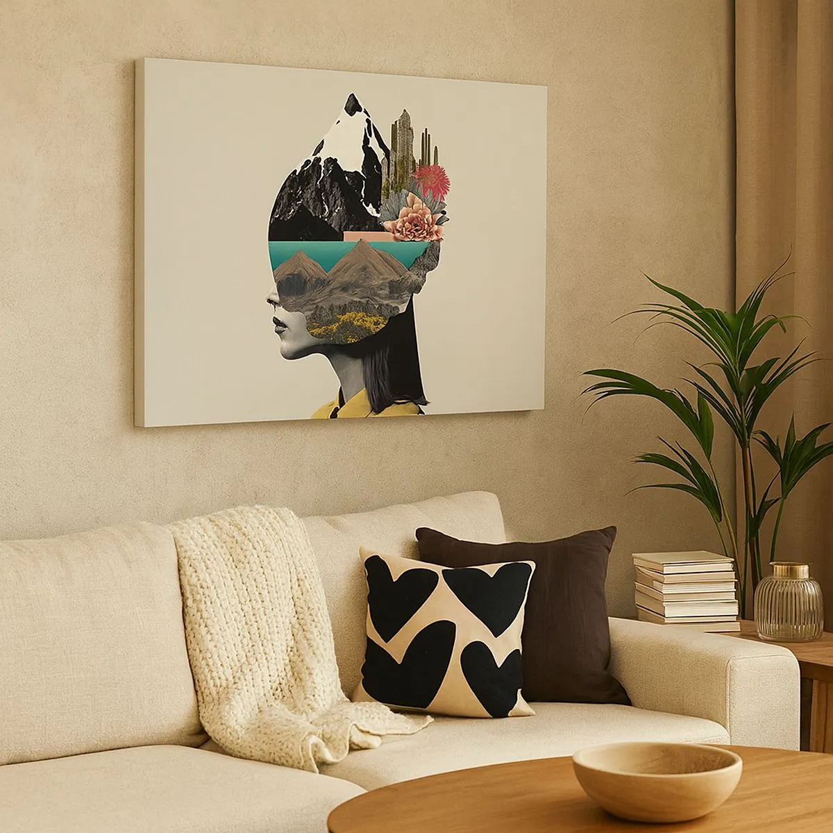 Bild auf Leinwand - Leinwandbild - Collage einer Frau mit Berglandschaft und Blumen - 70x50cm - Frau – bleibt immer ein Geheimnis - Moderne Wanddekoration für Wohnzimmer und Schlafzimmer ARTTOR