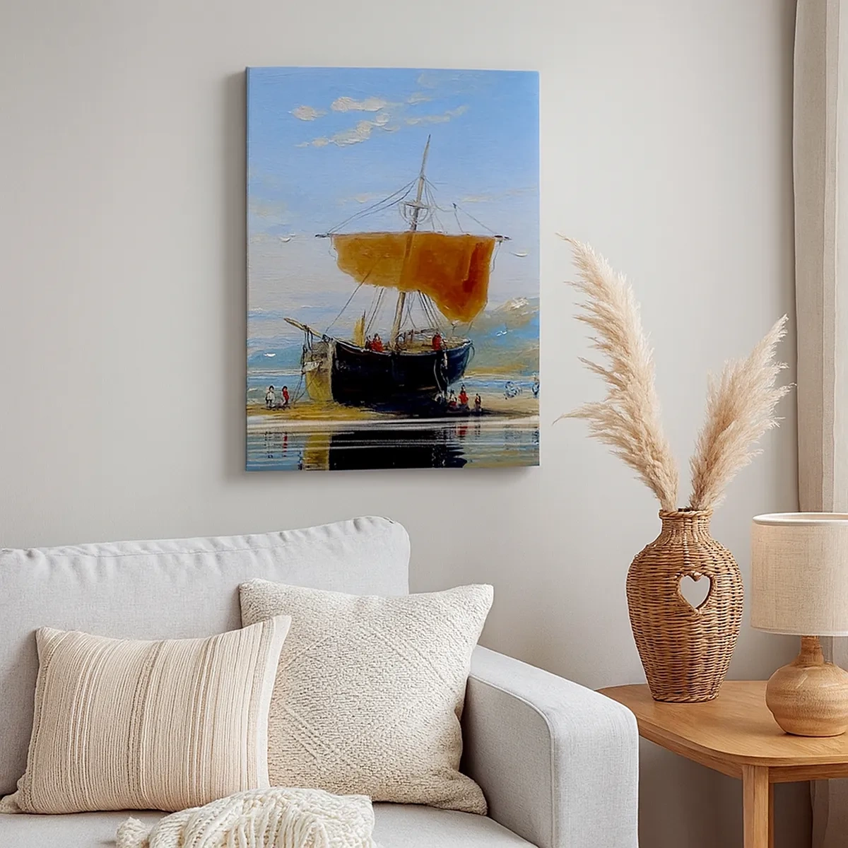 Bild auf Leinwand - Leinwandbild - Ein Schiff an der Küste an einem sonnigen Tag - 50x70cm - Wasser, Land, Luft - Moderne Wanddekoration für Wohnzimmer und Schlafzimmer ARTTOR