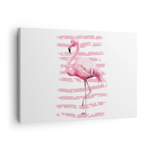 Bild auf Leinwand - Leinwandbild - Flamingo auf rosa Hintergrund im minimalistischen Stil - 70x50cm - In Würde, aber in Pink - Moderne Wanddekoration für Wohnzimmer und Schlafzimmer ARTTOR