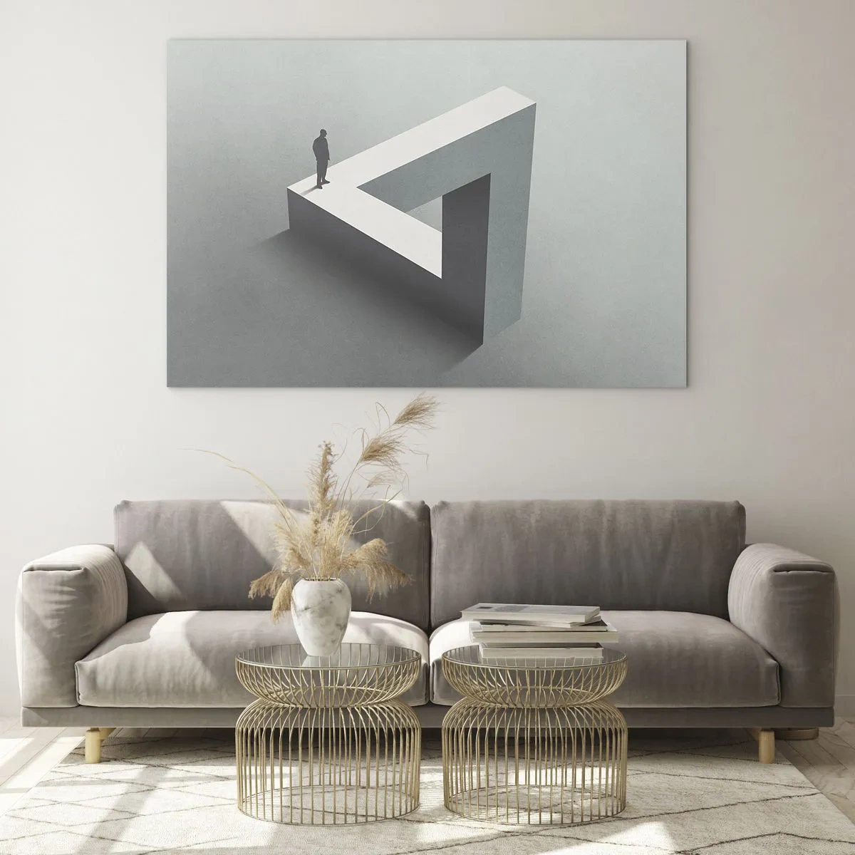 Glasbild - Bild auf glas - Eine Figur auf einer geometrischen Struktur im Stil einer optischen Täuschung - 70x50cm - Es ist also doch möglich - Moderne Wanddekoration für Wohnzimmer und Schlafzimmer ARTTOR