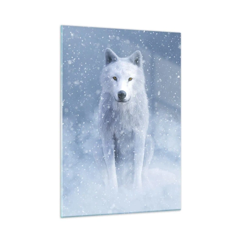 Glasbild - Bild auf glas - Ein weißer Wolf in einem Schneesturm, der geradeaus schaut - 50x70cm - In Winterstimmung - Moderne Wanddekoration für Wohnzimmer und Schlafzimmer ARTTOR