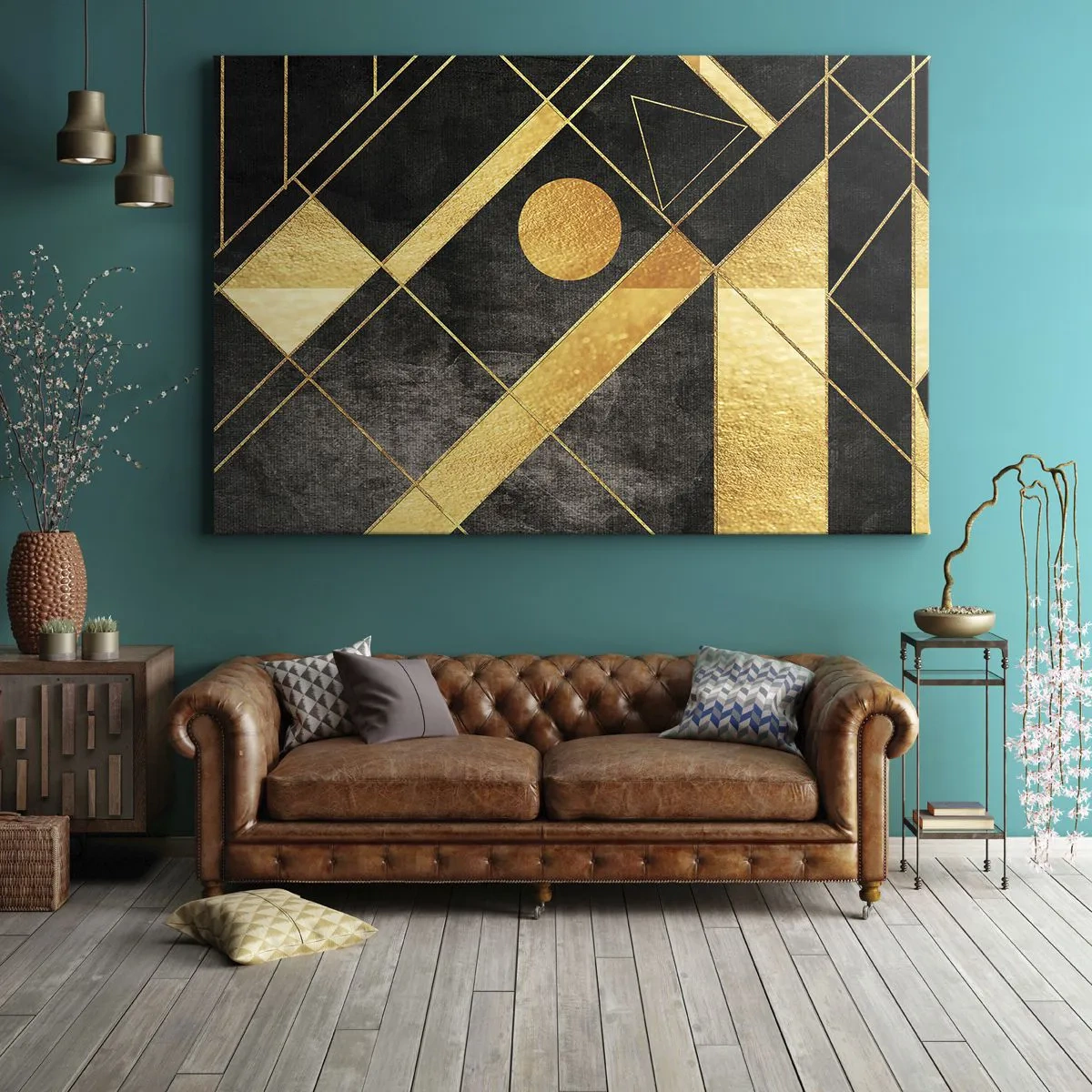 Bild auf Leinwand - Leinwandbild - Geometrische Formen in Gold- und Schwarztönen - 120x80cm - Die Sonne der Wüste - Moderne Wanddekoration für Wohnzimmer und Schlafzimmer ARTTOR