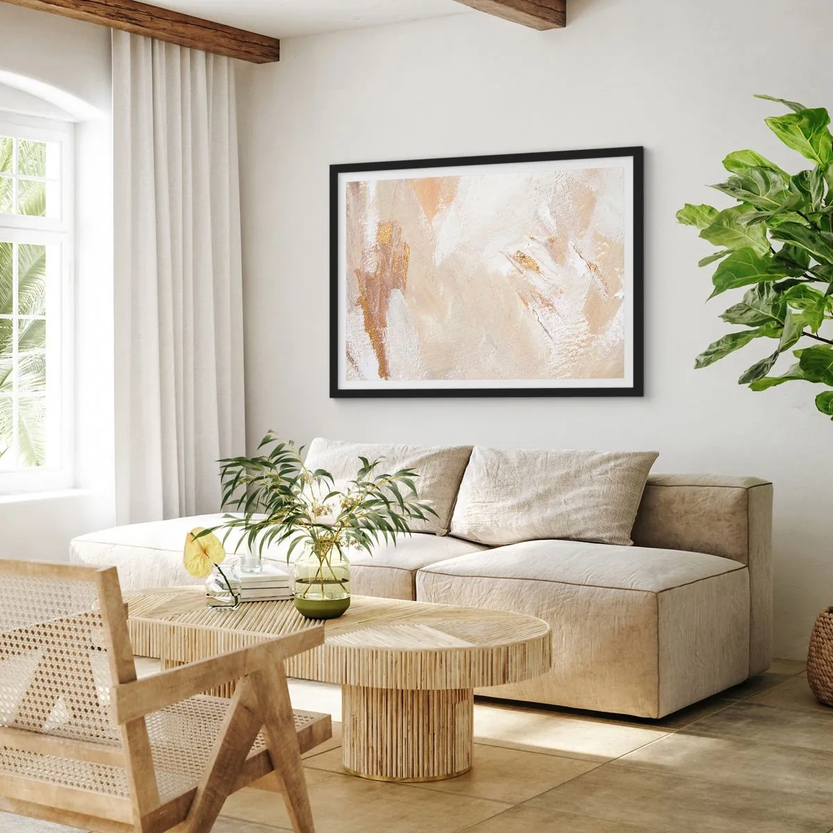 Poster in einem schwarzem Rahmen - Zarte abstrakte Töne in Beige- und Goldtönen - 100x70cm - Pastellkomposition - Moderne Wanddekoration für Wohnzimmer und Schlafzimmer ARTTOR