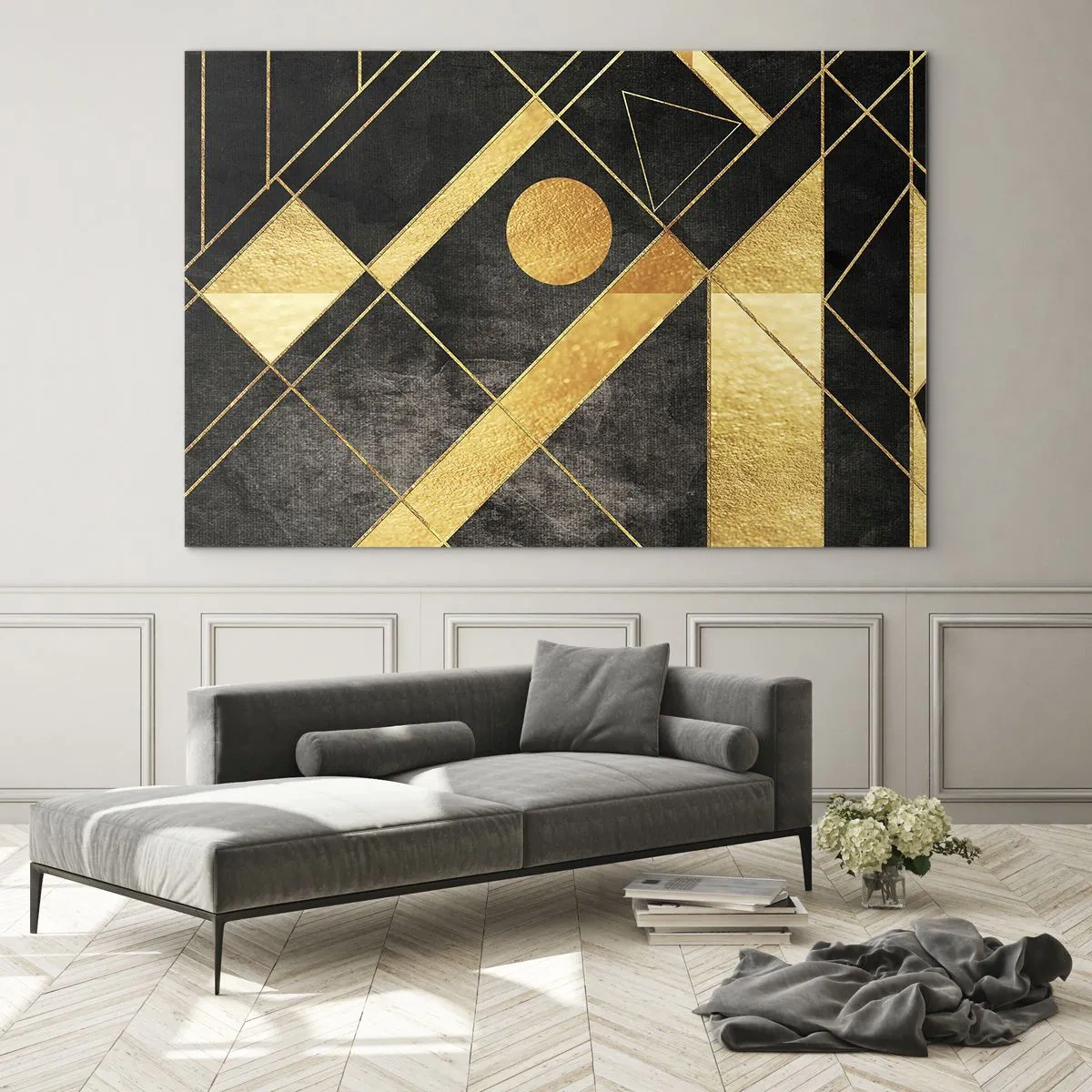 Glasbild - Bild auf glas - Goldene geometrische Muster auf schwarzem Hintergrund - 100x70cm - Die Sonne der Wüste - Moderne Wanddekoration für Wohnzimmer und Schlafzimmer ARTTOR