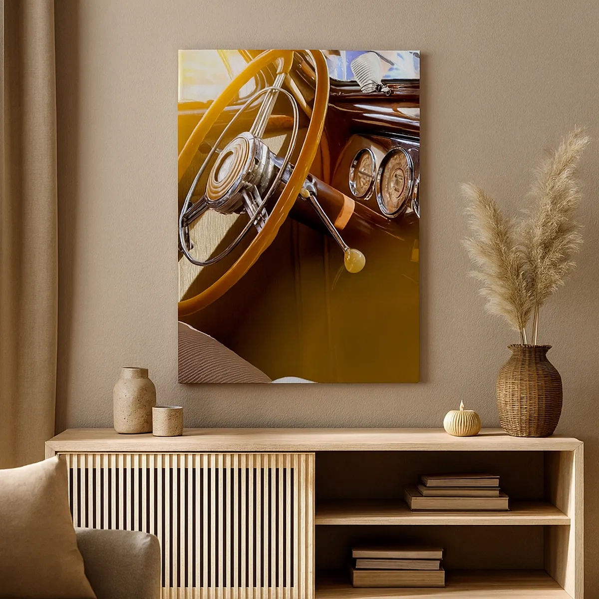 Bild auf Leinwand - Leinwandbild - Nahaufnahme des Innenraums eines Oldtimers mit Holz- und Chromdetails. - 50x70cm - Ein Hauch von Luxus aus der Vergangenheit - Moderne Wanddekoration für Wohnzimmer und Schlafzimmer ARTTOR