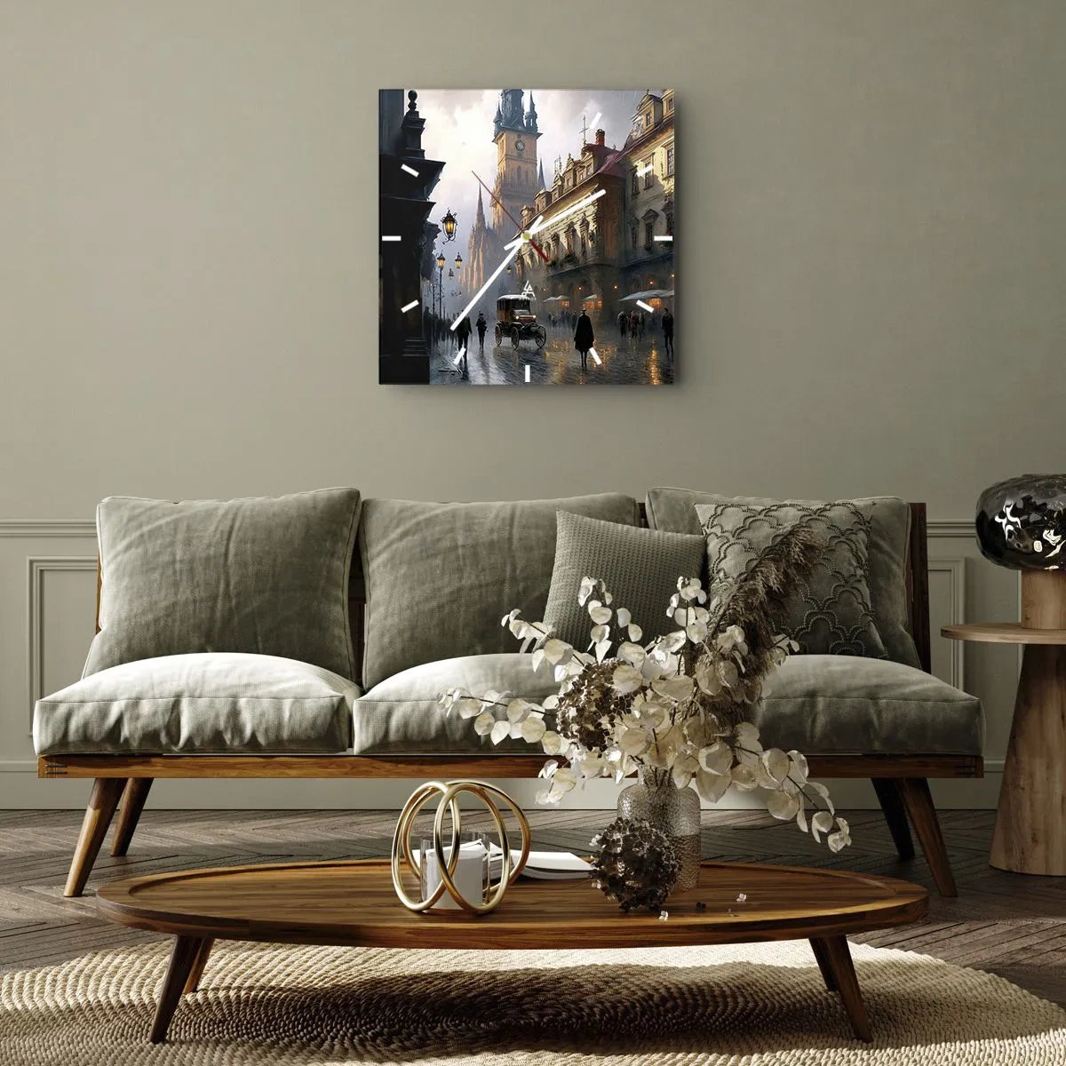 Wanduhr - Glasuhr - Abendliche Straßenszene mit historischer Architektur - 30x30cm - Charme eines Prager Abends - Moderne Wanddekoration für Wohnzimmer und Schlafzimmer ARTTOR