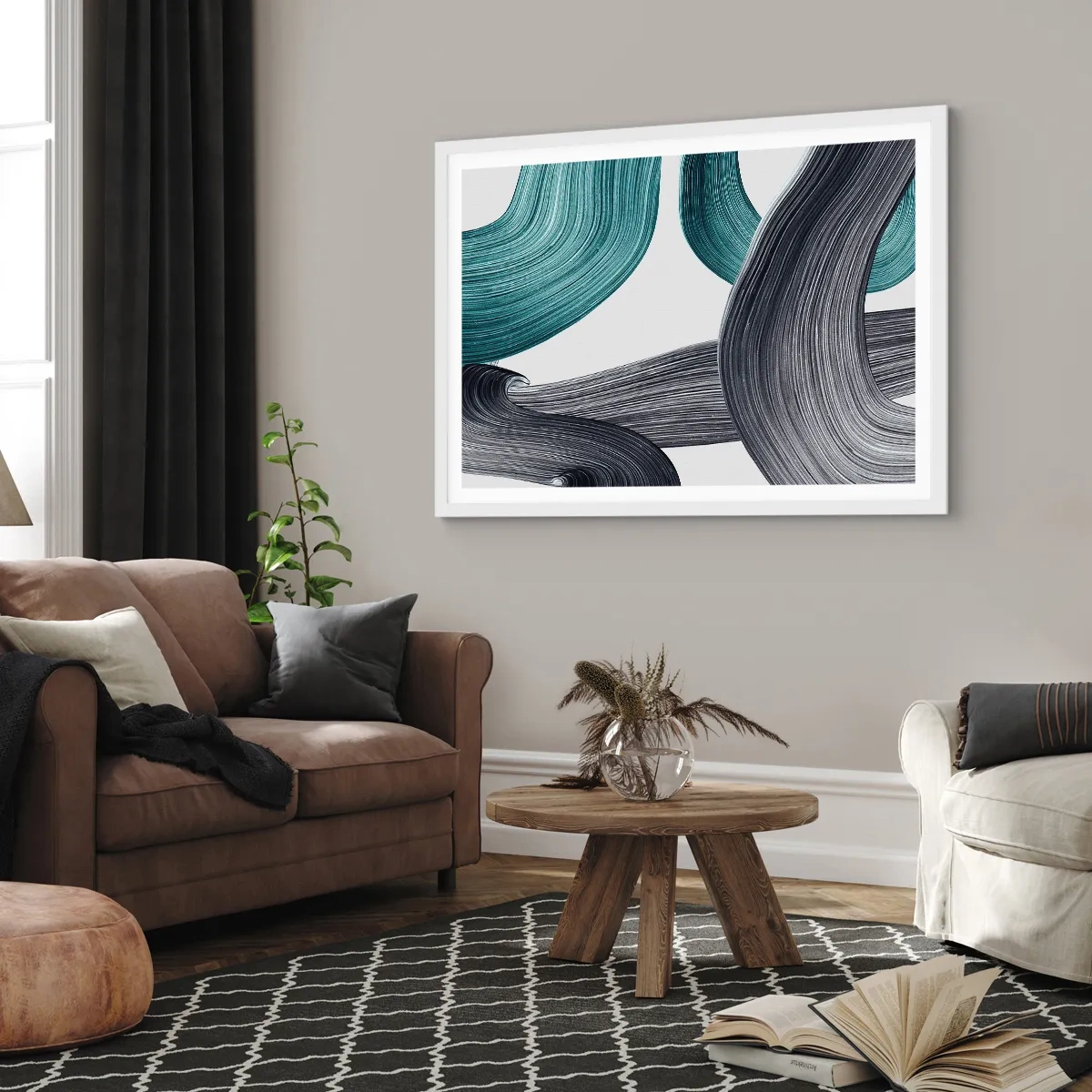 Poster in einem weißen Rahmen - Smaragdgrüne und schwarze Pfade - 100x70 cm