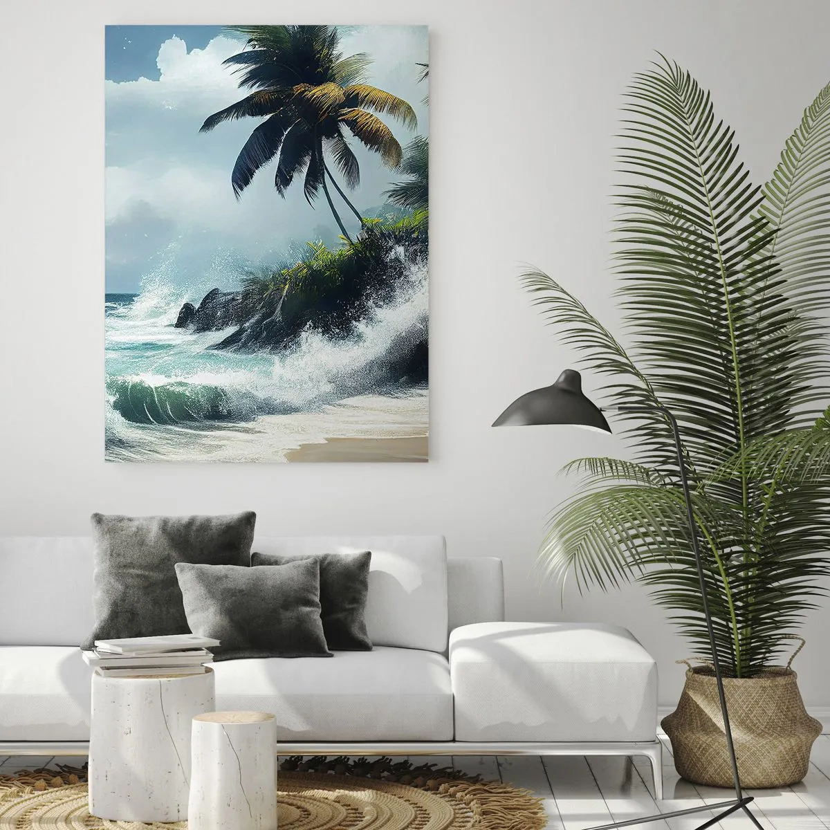 Glasbild - Bild auf glas - Wellen schlagen gegen die Felsen neben den Palmen an einem tropischen Strand - 50x70cm - Am tropischen Ufer - Moderne Wanddekoration für Wohnzimmer und Schlafzimmer ARTTOR