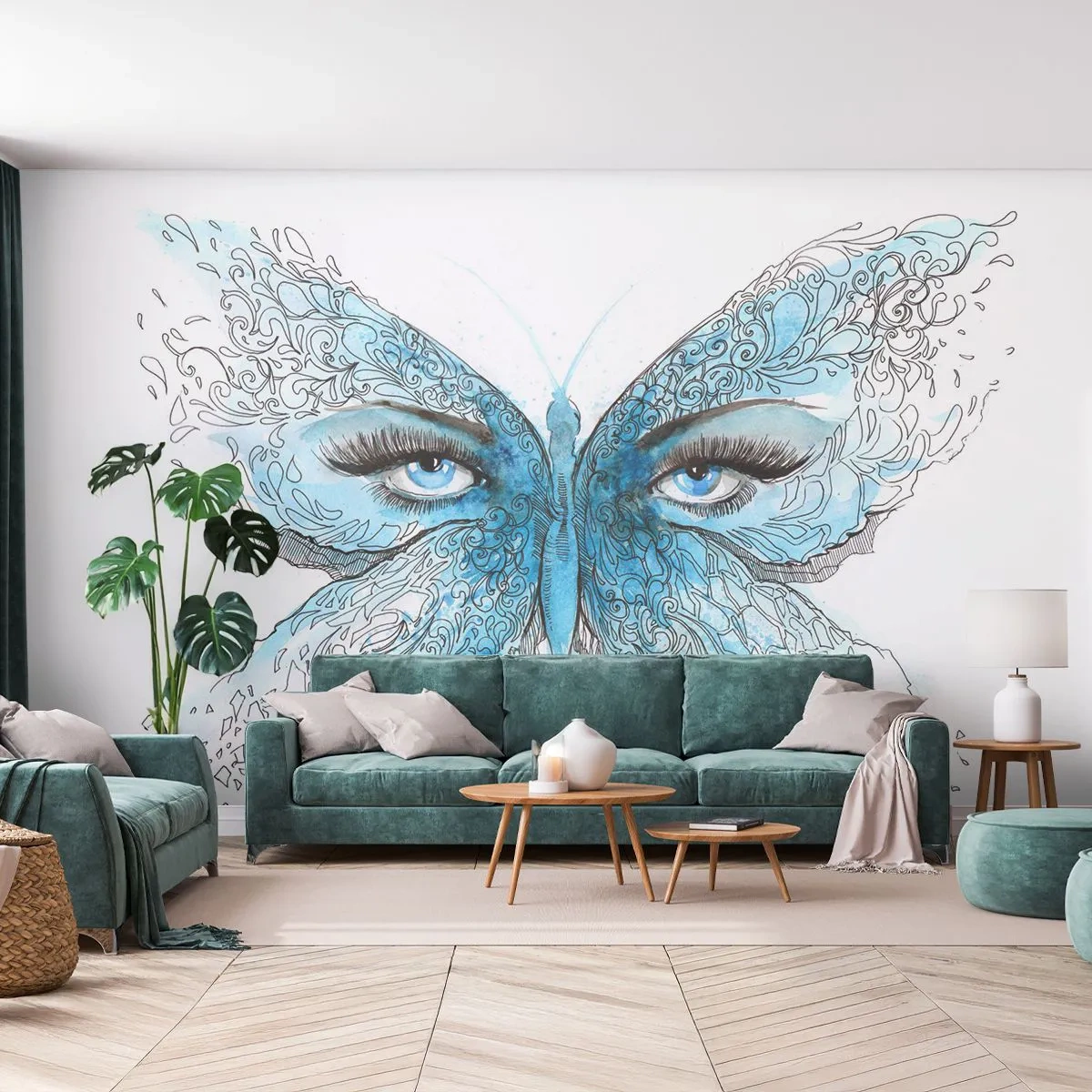 Fototapete Premium Canvas - Eros Blaumeise - Abstraktion, Schmetterling, Weibliche Augen - 300x210 cm