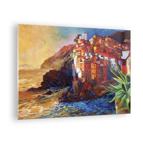 Glasbild - Bild auf glas - Eine farbenfrohe Stadt auf einer Klippe mit Blick auf das Meer - 70x50cm - Italienische Atmosphäre - Moderne Wanddekoration für Wohnzimmer und Schlafzimmer ARTTOR