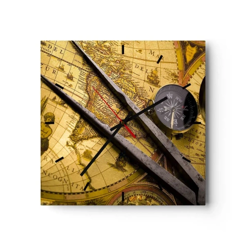 Wanduhr - Glasuhr - Eine antike Weltkarte mit einem Kompass und einem Zirkel im Hintergrund - 30x30cm - Wo sind diese Schätze? - Moderne Wanddekoration für Wohnzimmer und Schlafzimmer ARTTOR