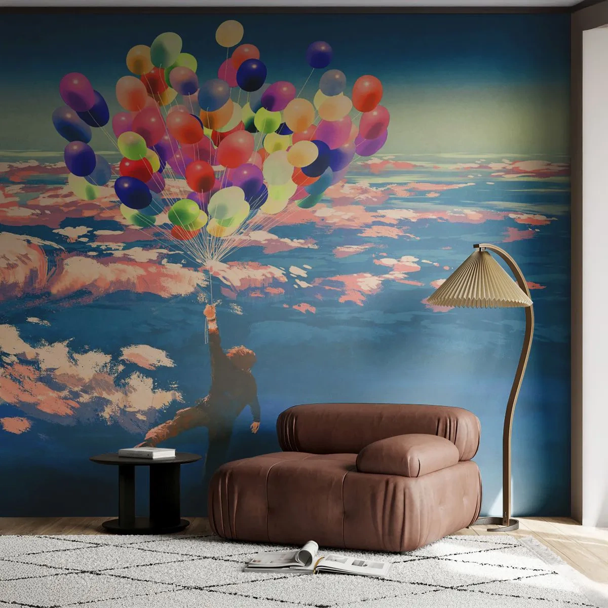 Fototapete Premium Sand - Ein Mann, der mit Luftballons in der Luft schwebt - 100x70cm - Ein Kindheitstraum wird wahr - Moderne Wanddekoration für Wohnzimmer und Schlafzimmer ARTTOR