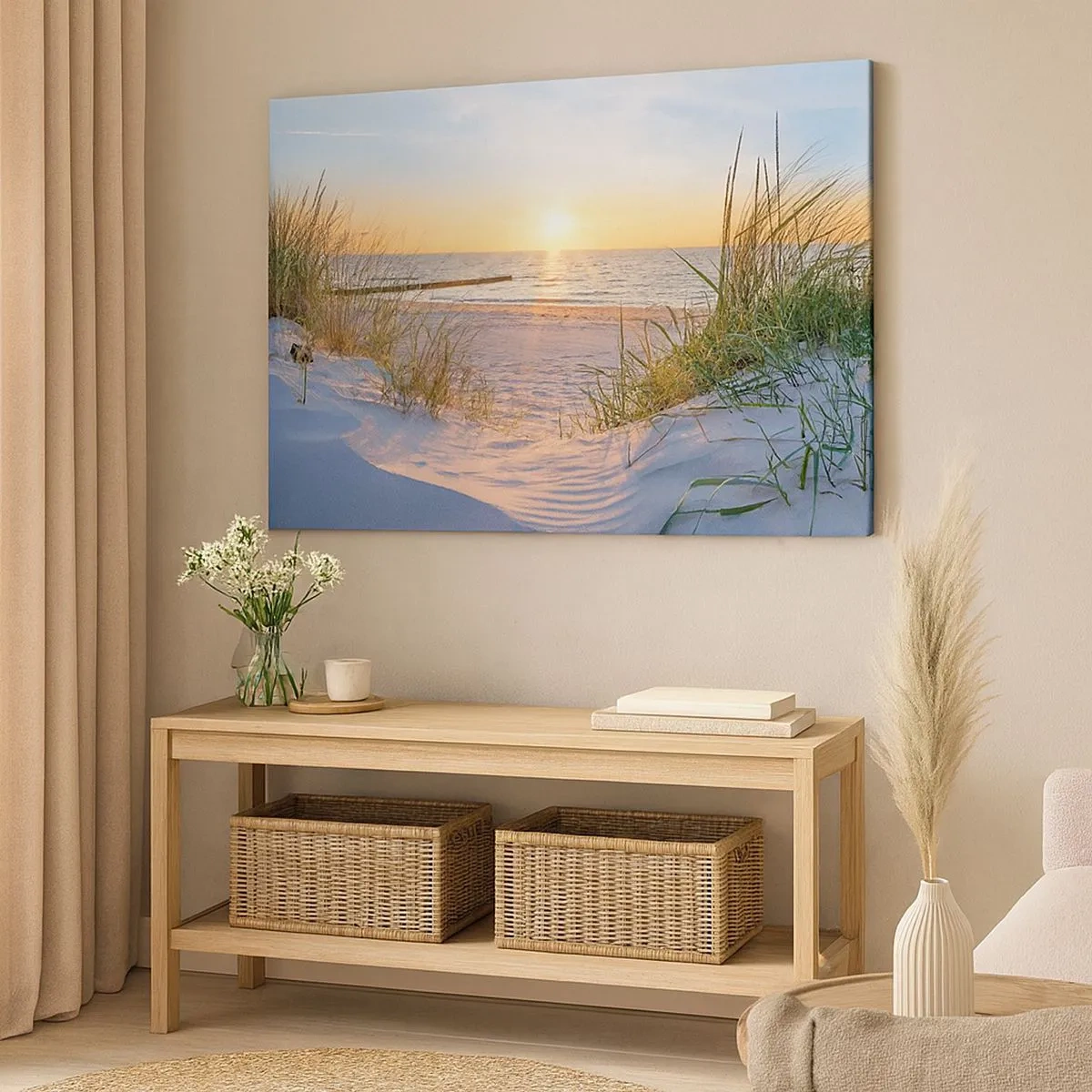 Bild auf Leinwand - Leinwandbild - Ein Sandstrand mit Blick auf den Sonnenuntergang über dem Meer - 70x50cm - Das Rauschen des Meeres, der Gesang der Vögel, ein wilder Strand im Gras ... - Moderne Wanddekoration für Wohnzimmer und Schlafzimmer ARTTOR
