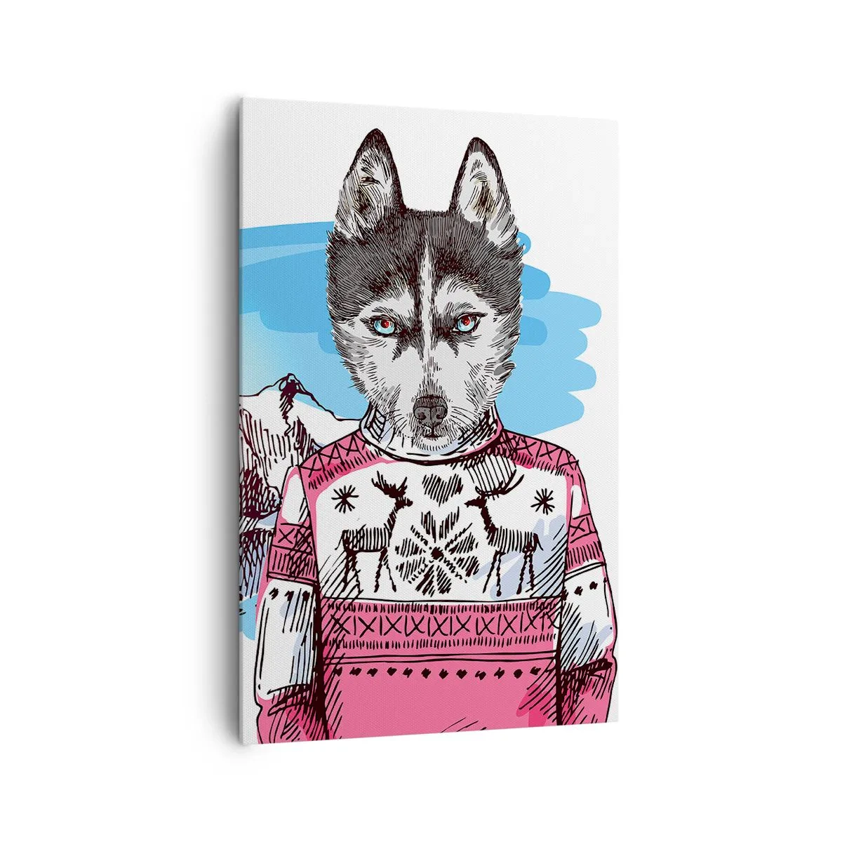 Bild auf Leinwand - Leinwandbild - Ein Wolf im Winterpullover vor einer Berglandschaft - 80x120cm - Ein Wolf in Schafwolle - Moderne Wanddekoration für Wohnzimmer und Schlafzimmer ARTTOR