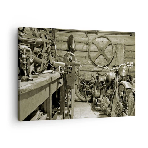Bild auf Leinwand - Leinwandbild - Retro-Werkstatt mit Motorrädern und Werkzeug - 70x50cm - Im Schuppen von Onkel Władek - Moderne Wanddekoration für Wohnzimmer und Schlafzimmer ARTTOR