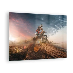 Glasbild - Bild auf glas - Motorradfahrer in der Wüste in dynamischer Umgebung - 70x50cm - Für den Sieg - Moderne Wanddekoration für Wohnzimmer und Schlafzimmer ARTTOR