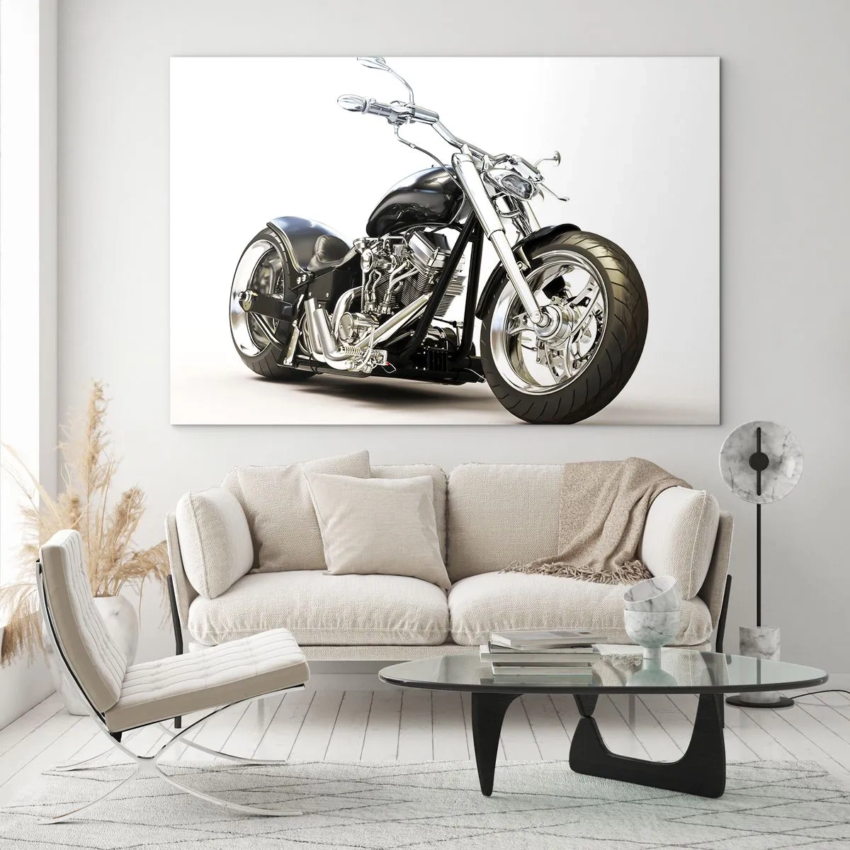 Glasbild - Bild auf glas - Ein schwarzes Chopper-Motorrad auf hellem Hintergrund - 120x80cm - Stärke mit Charakter - Moderne Wanddekoration für Wohnzimmer und Schlafzimmer ARTTOR