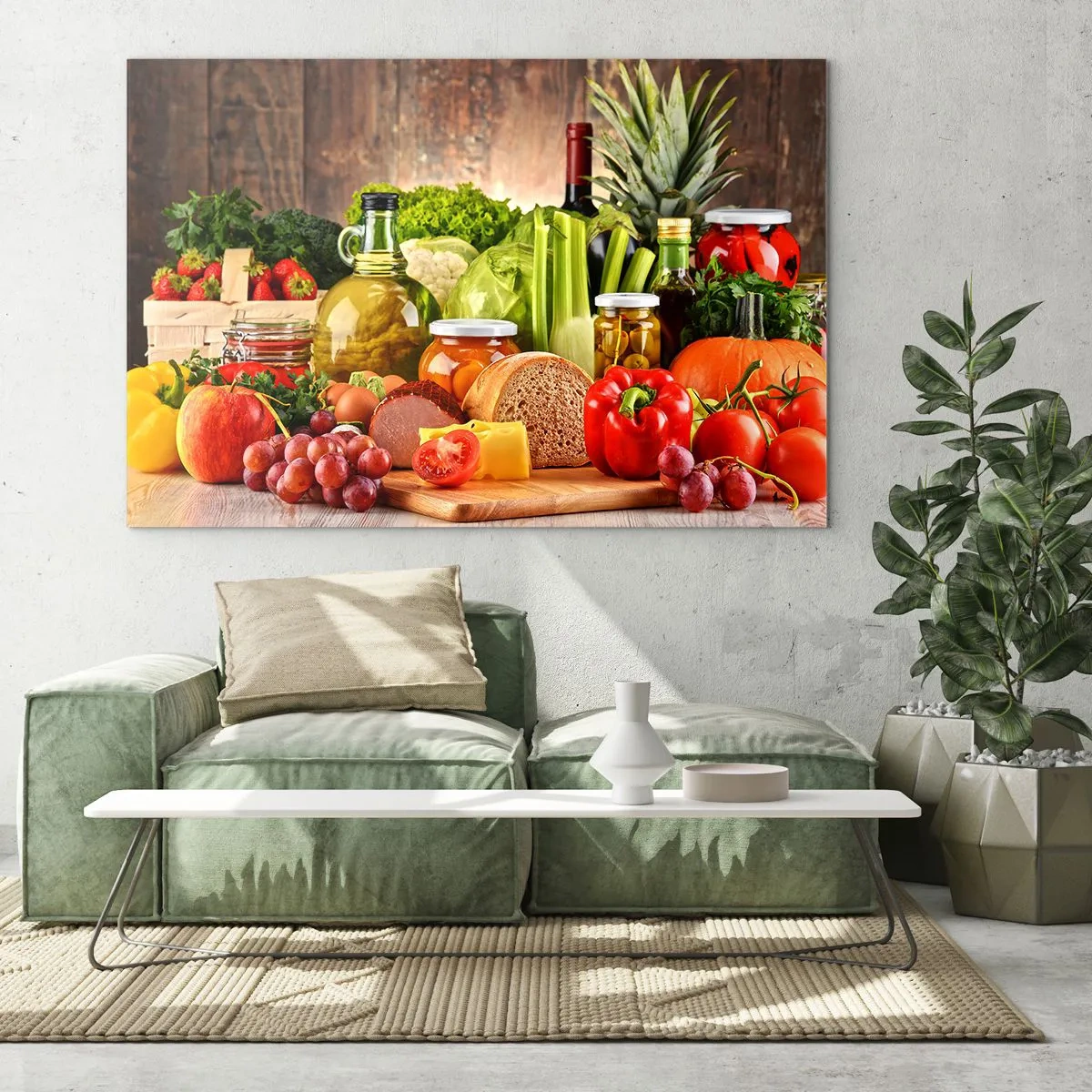 Glasbild - Bild auf glas - Buntes Gemüse, Obst, Brot und Konfitüren auf einem hölzernen Hintergrund - 70x50cm - Geräuchert, gebacken und eingelegt - Moderne Wanddekoration für Wohnzimmer und Schlafzimmer ARTTOR