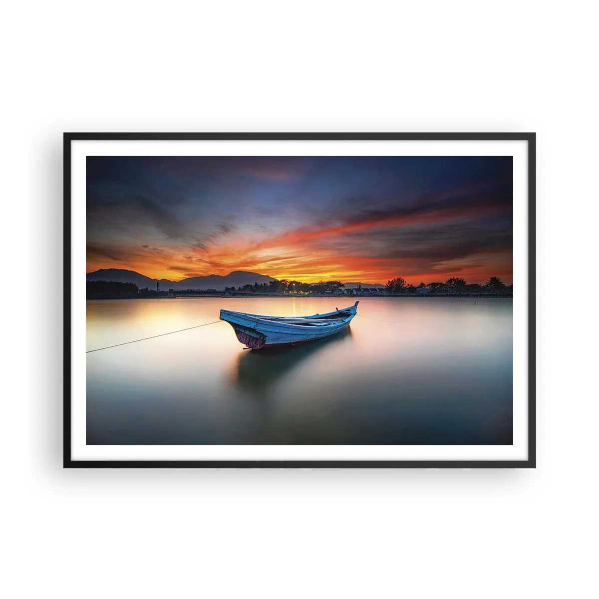 Poster in einem schwarzem Rahmen - Ein Boot auf dem Wasser während eines malerischen Sonnenuntergangs - 100x70cm - Eine gute Nacht kommt - Moderne Wanddekoration für Wohnzimmer und Schlafzimmer ARTTOR