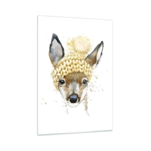 Glasbild - Bild auf glas - Ein Reh mit Wollmütze und Bommel - 50x70cm - Für den Winter im verschneiten Wald - Moderne Wanddekoration für Wohnzimmer und Schlafzimmer ARTTOR
