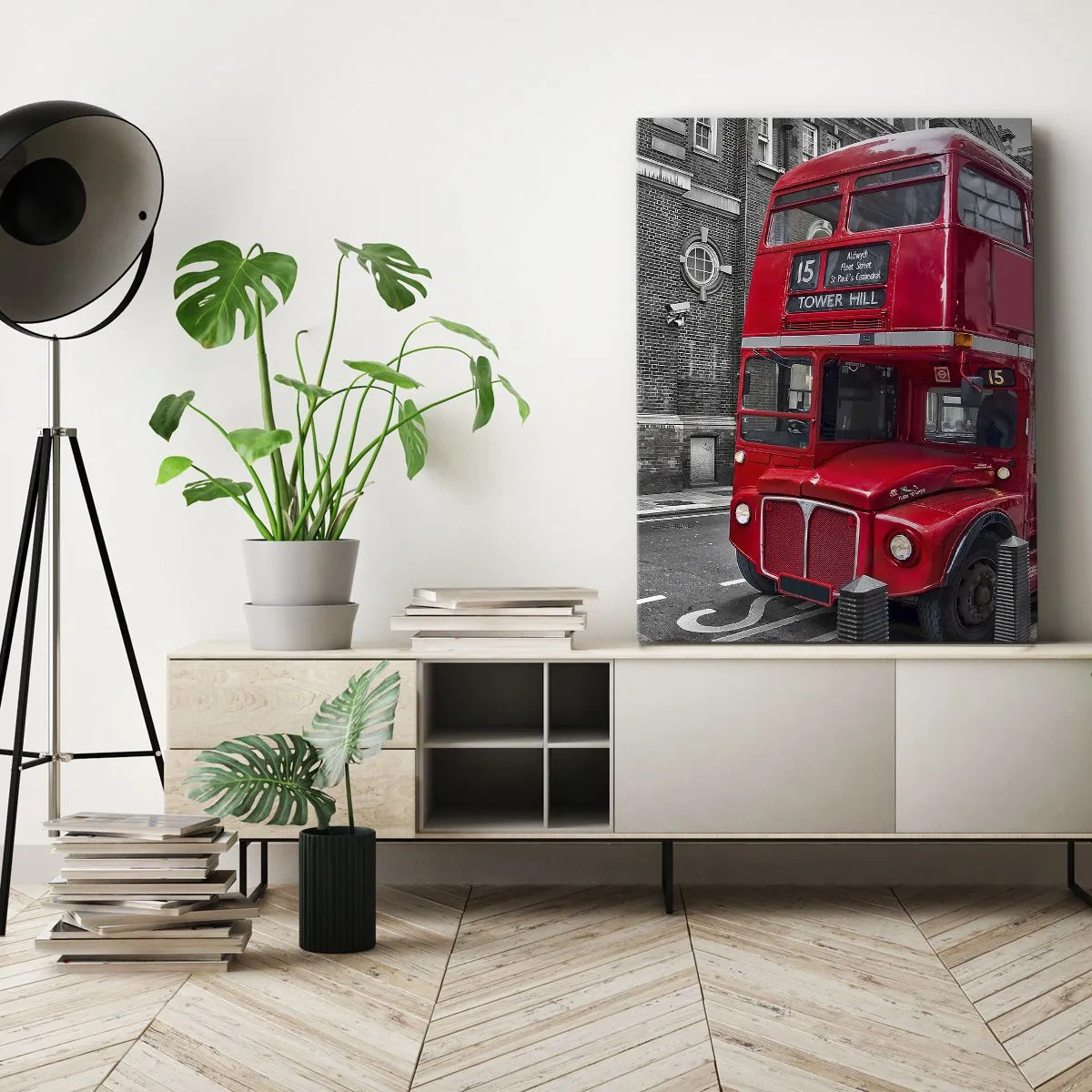 Bild auf Leinwand - Leinwandbild - Ein roter Doppeldeckerbus in London vor der Kulisse klassischer Architektur - 80x120cm - Immer gleich - Moderne Wanddekoration für Wohnzimmer und Schlafzimmer ARTTOR