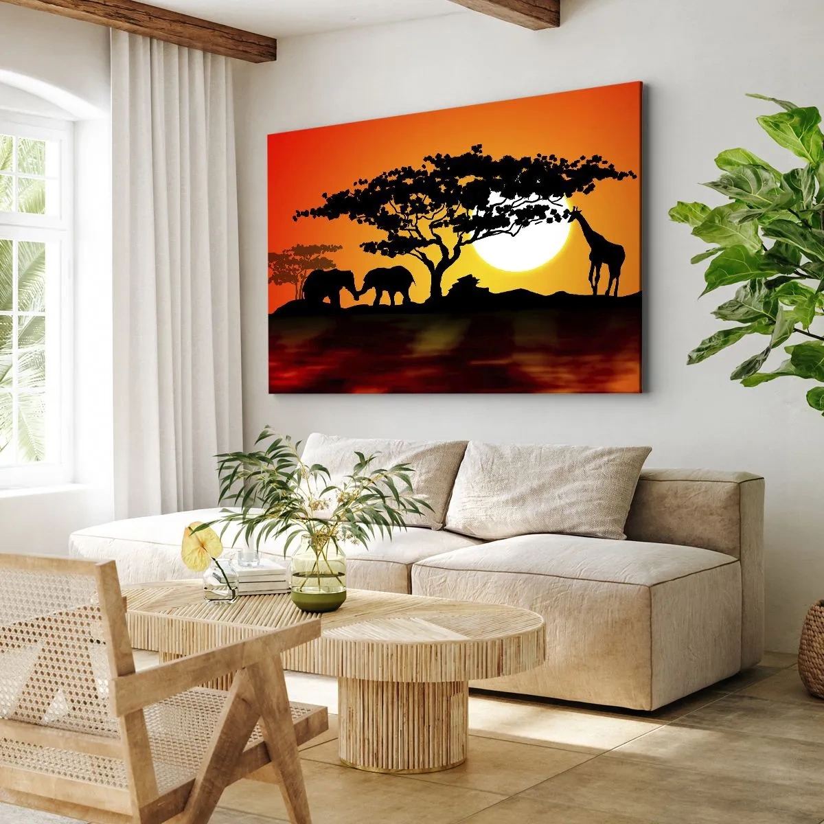Bild auf Leinwand - Leinwandbild - Afrikanischer Sonnenuntergang mit Silhouetten von Elefanten und Giraffen über dem Wasser - 120x80cm - Treffen in der Savanne - Moderne Wanddekoration für Wohnzimmer und Schlafzimmer ARTTOR