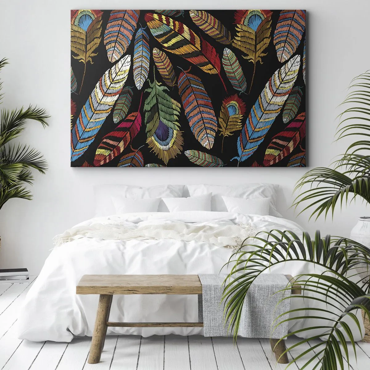 Bild auf Leinwand - Leinwandbild - Bunte Federn auf schwarzem Hintergrund - 70x50cm - Der Vogelkarneval - Moderne Wanddekoration für Wohnzimmer und Schlafzimmer ARTTOR