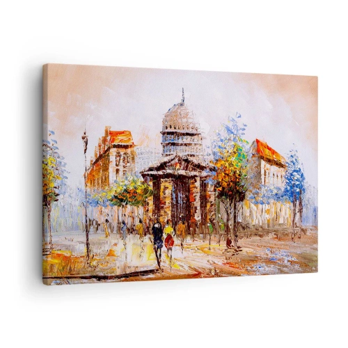 Bild auf Leinwand - Leinwandbild - Impressionistische Stadtszene mit historischem Gebäude - 70x50cm - Pariser Spaziergang - Moderne Wanddekoration für Wohnzimmer und Schlafzimmer ARTTOR