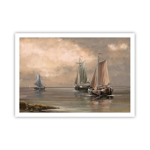 Poster - Segelboote auf ruhigem Meer in pastellfarbener Umgebung - 100x70cm - Die Rückkehr der Matrosen - Moderne Wanddekoration für Wohnzimmer und Schlafzimmer ARTTOR