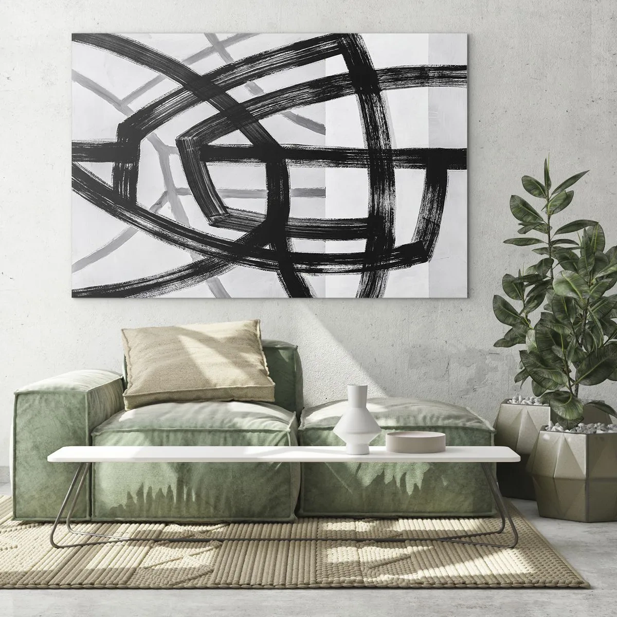 Glasbild - Bild auf glas - Schwarze und graue Pinselstriche erzeugen ein dynamisches Liniennetz. - 120x80cm - Bautiefe - Moderne Wanddekoration für Wohnzimmer und Schlafzimmer ARTTOR