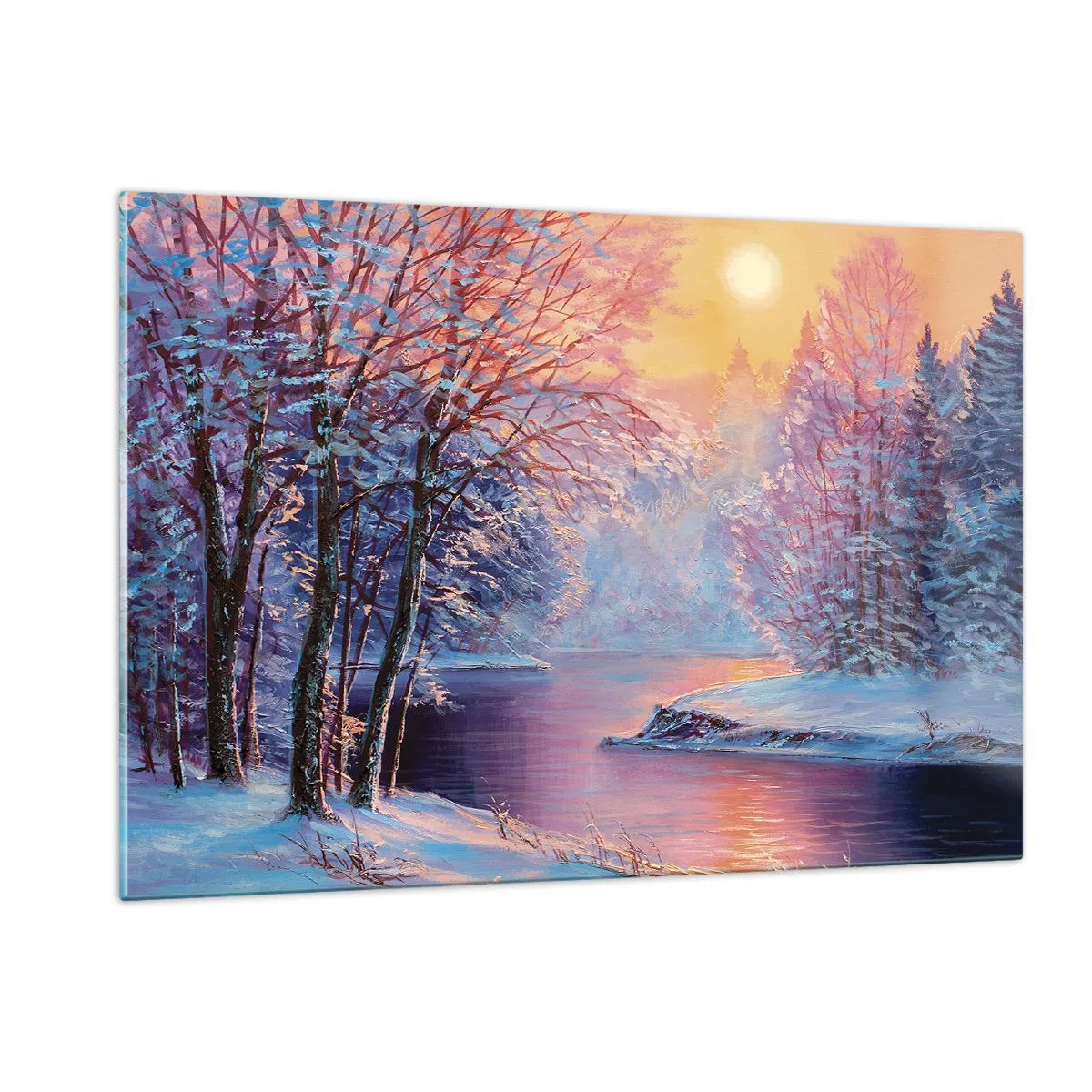 Glasbild - Bild auf glas - Winterlandschaft mit Fluss und Sonnenuntergang - 120x80cm - Die Farben des Winters - Moderne Wanddekoration für Wohnzimmer und Schlafzimmer ARTTOR