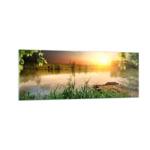 Glasbild - Bild auf glas - Grüne Landschaft mit einem See bei Sonnenuntergang - 140x50cm - Landschaft in einem grünen Rahmen - Moderne Wanddekoration für Wohnzimmer und Schlafzimmer ARTTOR