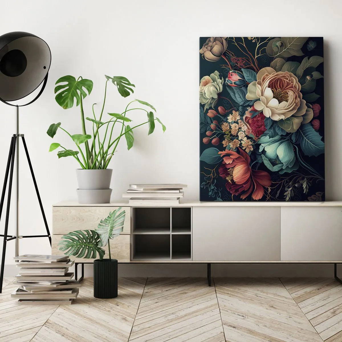 Bild auf Leinwand - Leinwandbild - Eine farbenfrohe Blumenkomposition auf dunklem Hintergrund - 80x120cm - Charme des 19. Jahrhunderts - Moderne Wanddekoration für Wohnzimmer und Schlafzimmer ARTTOR