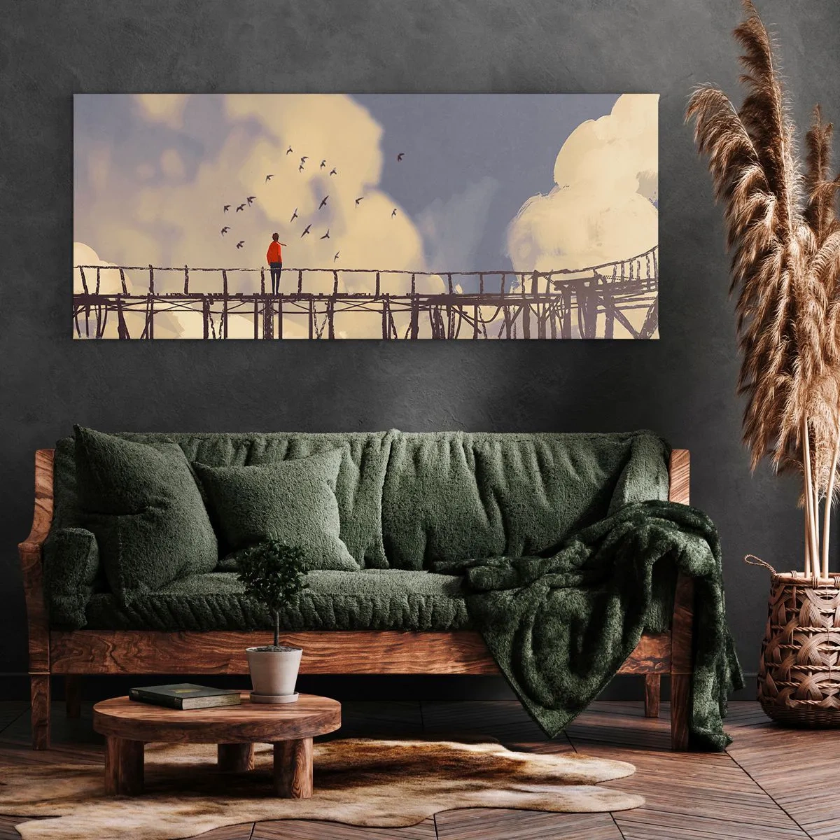 Bild auf Leinwand - Leinwandbild - Eine Figur auf einer Brücke zwischen Wolken mit Vögeln am Himmel - 140x50cm - Blaue Sehnsucht - Moderne Wanddekoration für Wohnzimmer und Schlafzimmer ARTTOR