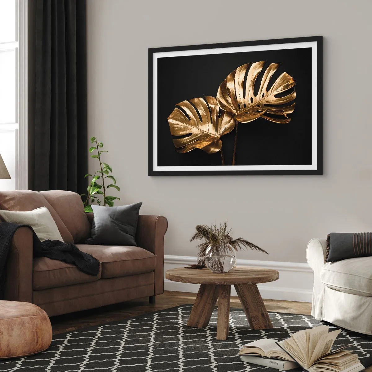 Poster in einem schwarzem Rahmen - Goldene Monstera-Blätter auf schwarzem Hintergrund - 70x50cm - Die Schätze der Natur - Moderne Wanddekoration für Wohnzimmer und Schlafzimmer ARTTOR
