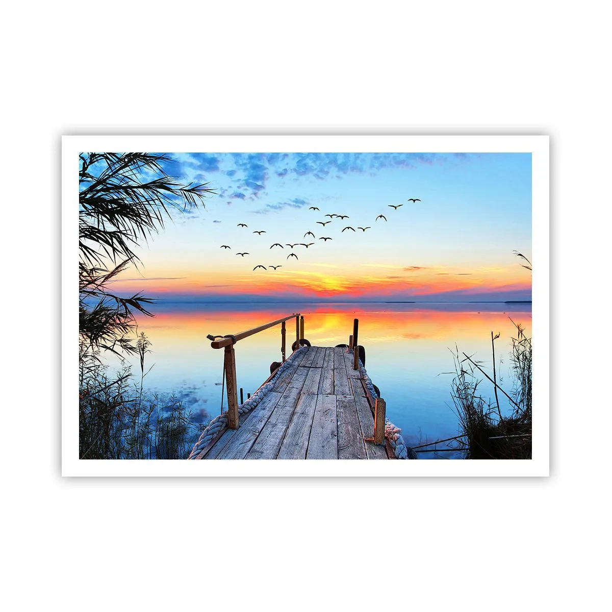Poster - Holzsteg über dem See bei Sonnenuntergang - 100x70cm - Es ist Zeit, zurückzukehren ... - Moderne Wanddekoration für Wohnzimmer und Schlafzimmer ARTTOR