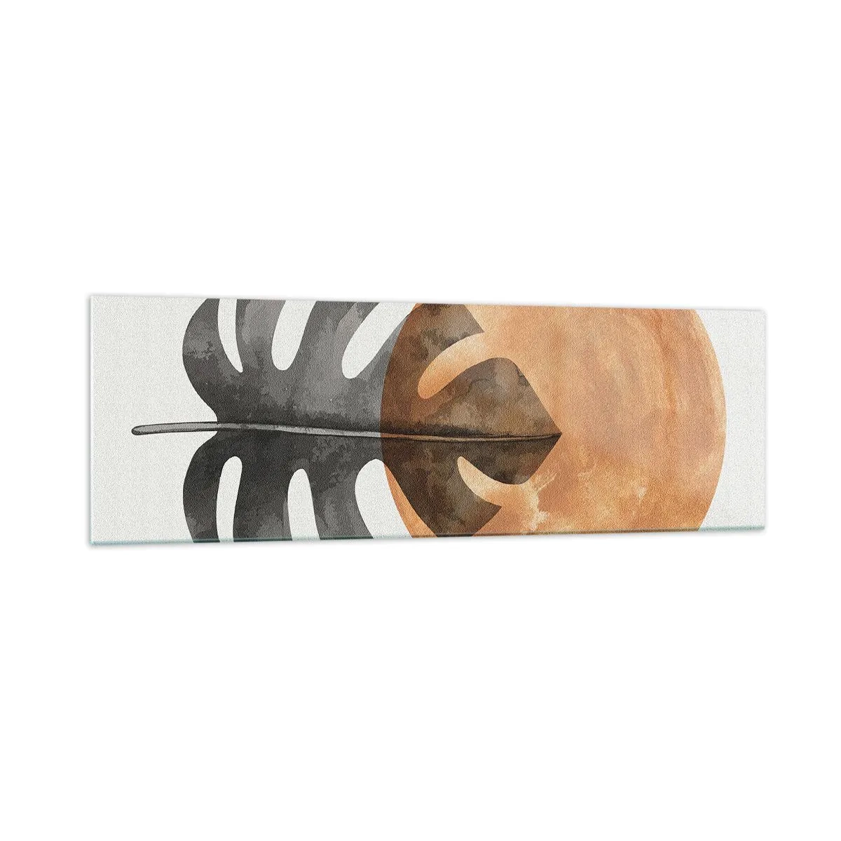 Glasbild - Bild auf glas - Monstera-Blatt und goldener Kreis auf hellem Hintergrund - 160x50cm - Immer die Sonne - Moderne Wanddekoration für Wohnzimmer und Schlafzimmer ARTTOR