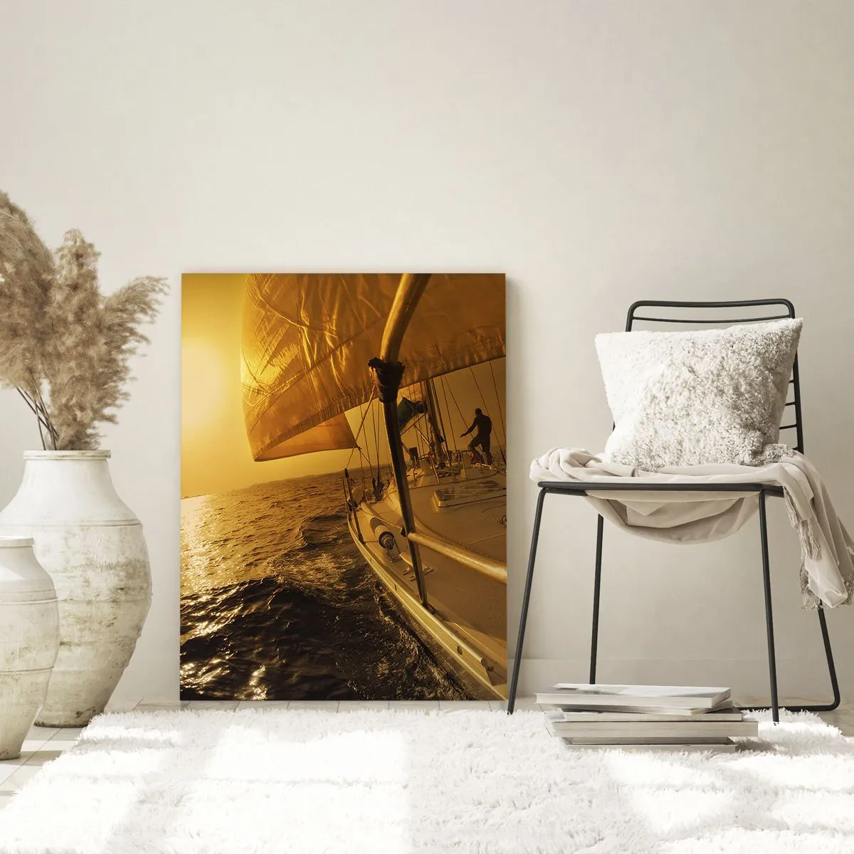 Glasbild - Bild auf glas - Ein Segelboot vor der Kulisse der untergehenden Sonne - 50x70cm - Ein goldener Abend nach einem bunten Tag - Moderne Wanddekoration für Wohnzimmer und Schlafzimmer ARTTOR