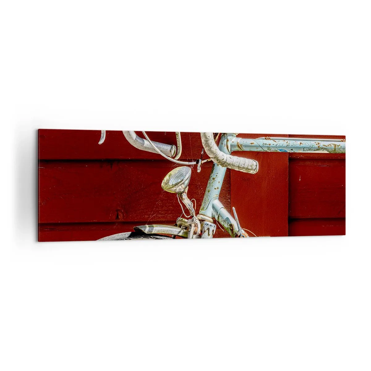 Bild auf Leinwand - Leinwandbild - Ein Vintage-Fahrrad vor einer roten Holzwand - 160x50cm - Geschaffen um zu siegen - Moderne Wanddekoration für Wohnzimmer und Schlafzimmer ARTTOR