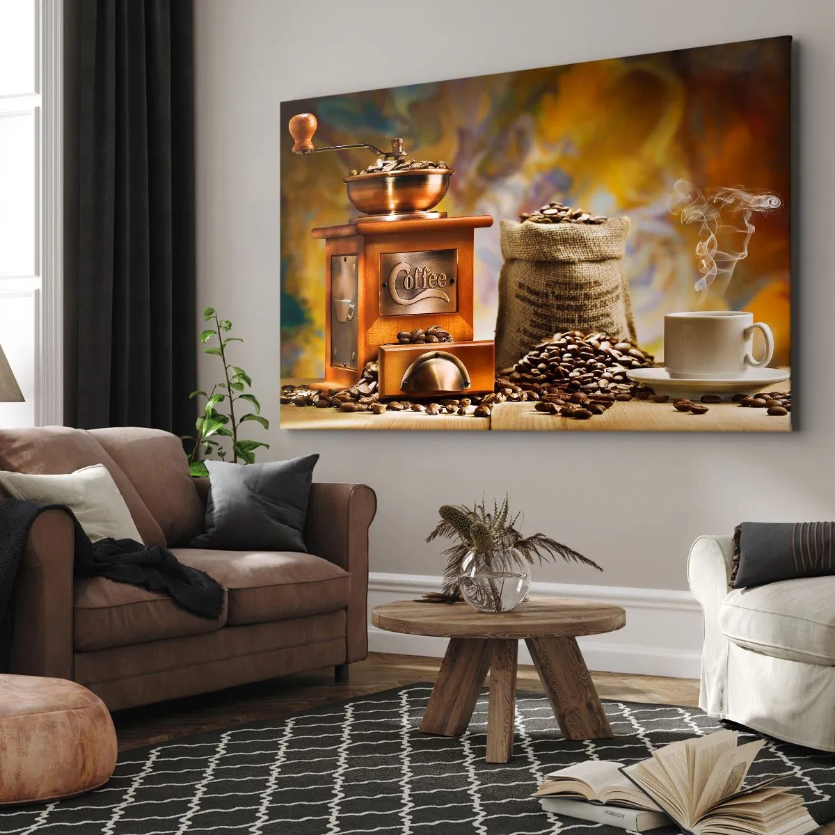 Bild auf Leinwand - Leinwandbild - Kaffeemühle mit Bohnen und einer Tasse auf dem Hintergrund - 70x50cm - Das Knirschen der Körner, das Rasseln einer Mühle - Moderne Wanddekoration für Wohnzimmer und Schlafzimmer ARTTOR