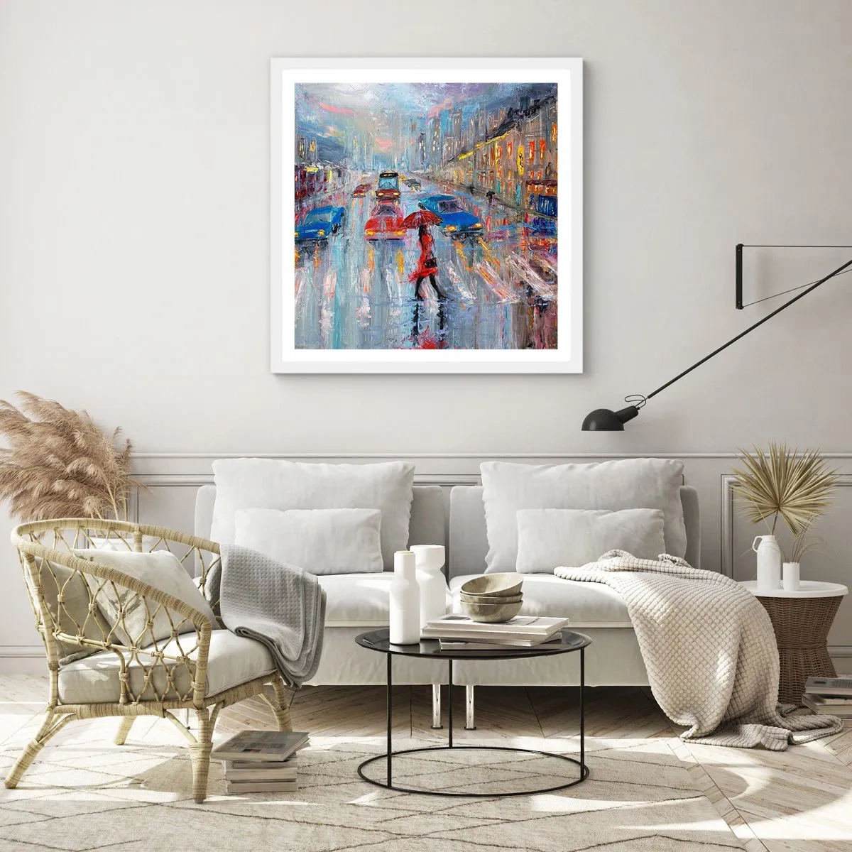 Poster in einem weißen Rahmen - Regnerischer Nachmittag in der Stadt - 60x60 cm