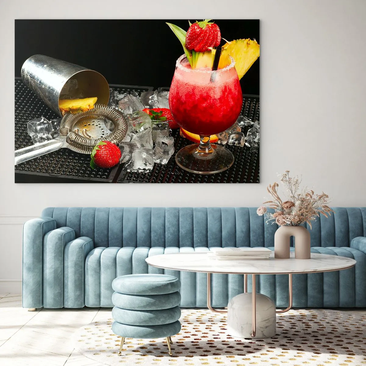 Glasbild - Bild auf glas - Ein farbenfroher Drink mit Früchten und einem Shaker auf Eis - 120x80cm - Zaubern Sie einen Geschmack - Moderne Wanddekoration für Wohnzimmer und Schlafzimmer ARTTOR