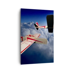 Bild auf Leinwand - Leinwandbild - Zwei Holzflugzeuge schweben über den Wolken vor einem blauen Himmel. - 80x120cm - Noch höher, noch weiter - Moderne Wanddekoration für Wohnzimmer und Schlafzimmer ARTTOR