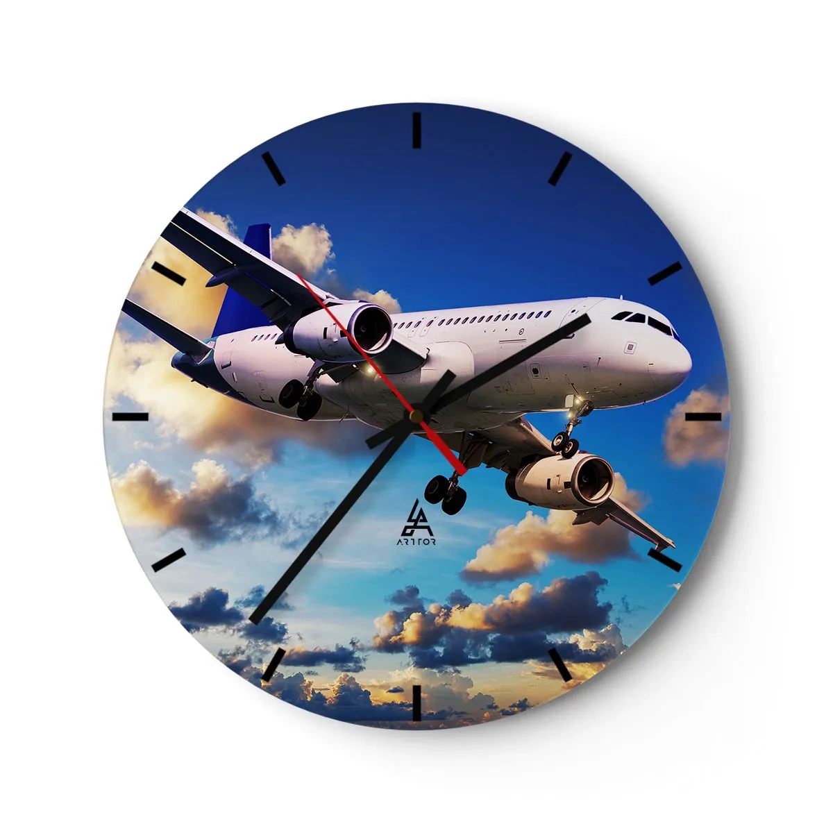 Wanduhr - Glasuhr - Ein Flugzeug vor einem bewölkten Himmel - 30x30cm - Eine Reise in Weiß und Blau - Moderne Wanddekoration für Wohnzimmer, Küche und Schlafzimmer ARTTOR