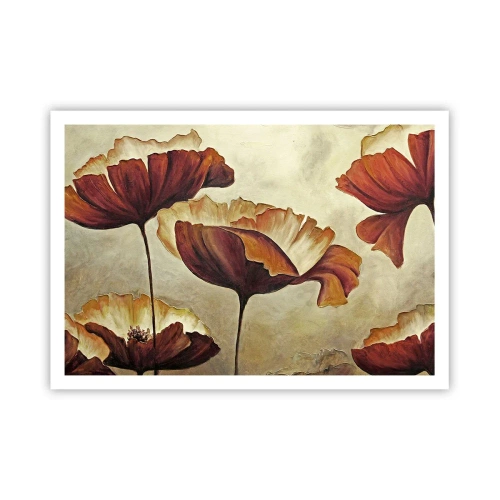 Poster - Dezente Blumen in Rot- und Goldtönen auf hellem Untergrund - 100x70cm - Weideland - Moderne Wanddekoration für Wohnzimmer und Schlafzimmer ARTTOR