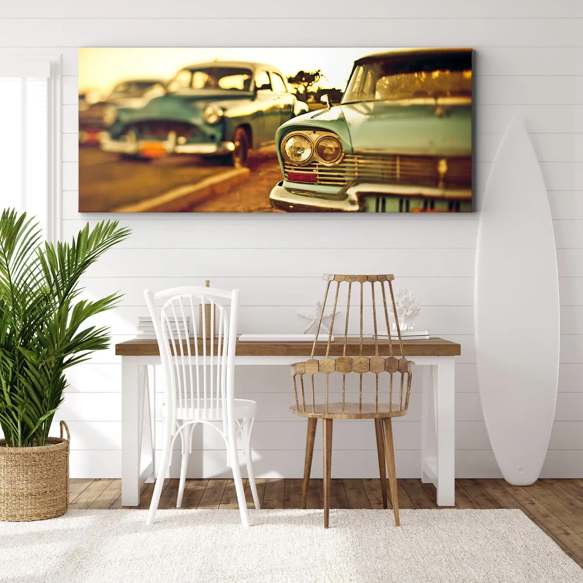 Bild auf Leinwand - Leinwandbild - Oldtimer im warmen Licht des Sonnenuntergangs - 120x50cm - Wir werden abwarten und sehen - Moderne Wanddekoration für Wohnzimmer und Schlafzimmer ARTTOR