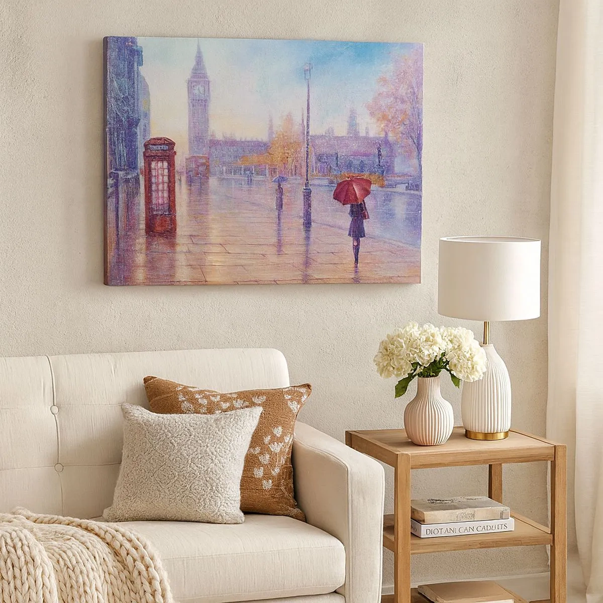 Bild auf Leinwand - Leinwandbild - Londoner Straße mit Big Ben an einem regnerischen Tag - 70x50cm - Londoner Herbsttag - Moderne Wanddekoration für Wohnzimmer und Schlafzimmer ARTTOR